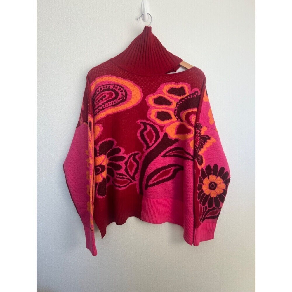 FARM RIO Cutout Asymmetrical Knit Bold Pink Floral Turtleneck Wool Blend Sweater